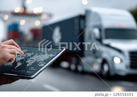 Using Digital Tablet to Manage Truck Logistics with Blurred Background Using Digital Tablet to Manage Truck Logistics with Blurred Background 126558101