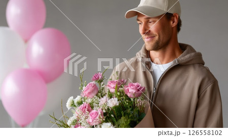 Smiling Delivery Man Holding Bouquet of Flowers with Balloons 126558102