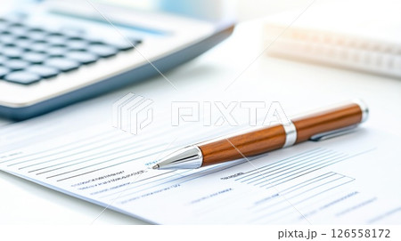 Pen Resting on Document with Calculator on Office Desk 126558172