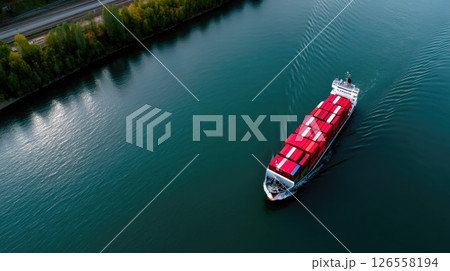 Cargo Ship Transporting Containers on River 126558194