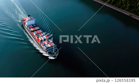 Freight Ship with Containers Sailing River 126558195