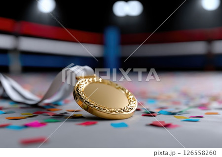 Gold Medal on Boxing Ring Floor with Confetti Gold Medal on Boxing Ring Floor with Confetti 126558260