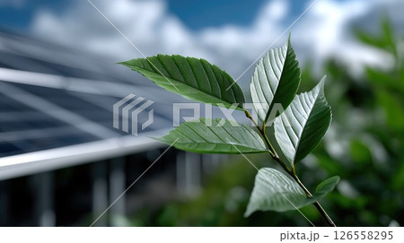 Fresh green leaves in front of modern solar panels Fresh green leaves in front of modern solar panels 126558295