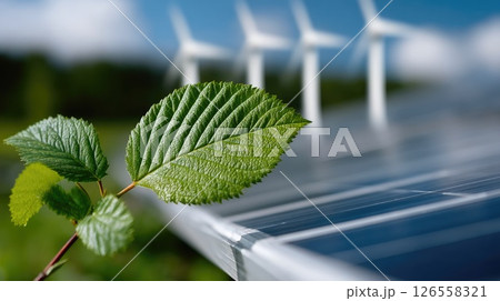 Leaf close-up with solar panel and wind turbines in background 126558321