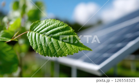 Detailed green leaf close-up with solar panel in background Detailed green leaf close-up with solar panel in background 126558325