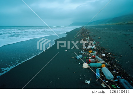 Ocean Shoreline Polluted with Plastic Trash 126558412