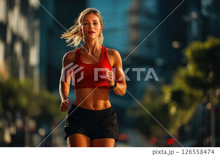 Athletic Woman Running Urban Marathon Route 126558474