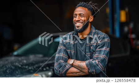 Smiling Auto Mechanic with Crossed Arms Smiling Auto Mechanic with Crossed Arms 126558478