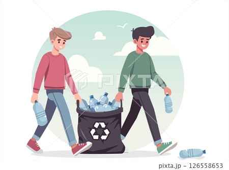 Two boys volunteer to collect recycled bottles. Two boys volunteer to collect recycled bottles. 126558653