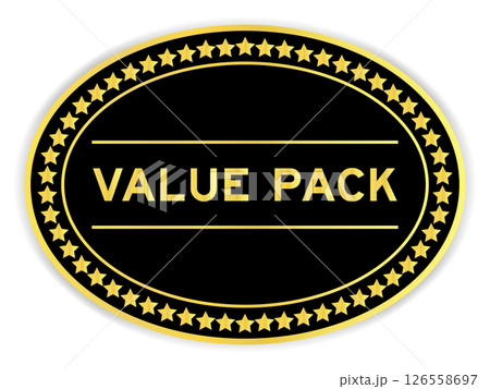 Black and gold color oval label sticker with word value pack on white background 126558697