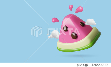 Juicy watermelon piece in clouds cute 3d emoji on sky blue background 126558822