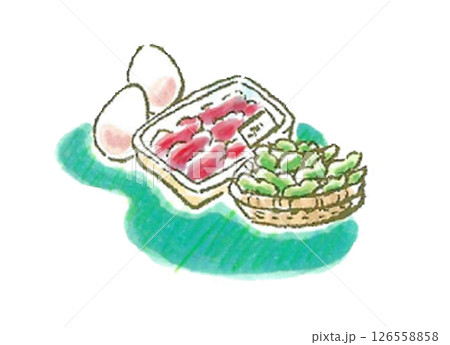 水彩ペンで描いた卵と肉と枝豆 126558858