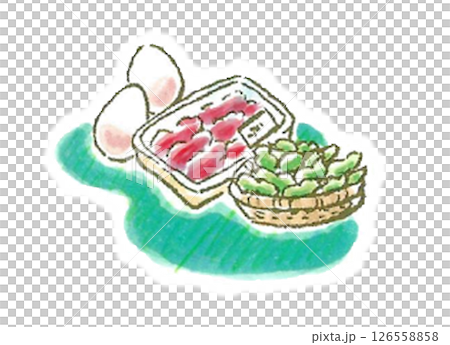 水彩ペンで描いた卵と肉と枝豆 126558858