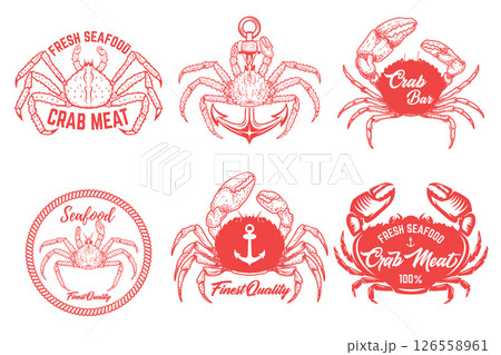Set of vintage crab meat labels. Crab meat. Seafood emblems 126558961