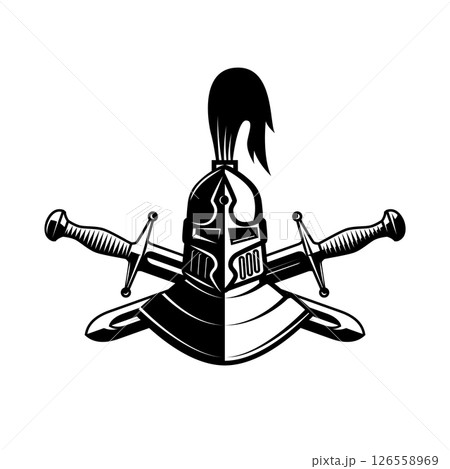 Knight helmet with crossed swords. Warrior helmet with swords. Design element Knight helmet with crossed swords. Warrior helmet with swords. Design element 126558969