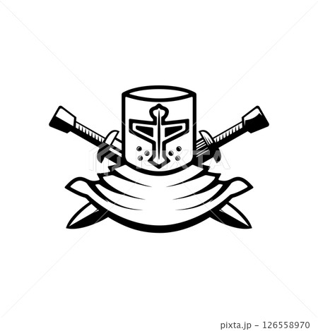 Knight helmet with crossed swords. Warrior helmet with swords. Design element 126558970