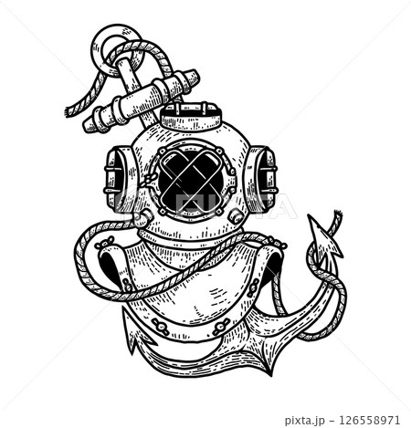 Vintage diver helmet with anchor. Nautical dive helmet with anchor. Design element Vintage diver helmet with anchor. Nautical dive helmet with anchor. Design element 126558971
