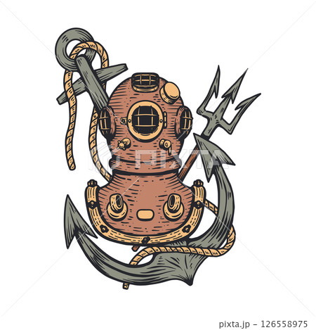 Vintage diver helmet with anchor. Nautical dive helmet with anchor. Design element Vintage diver helmet with anchor. Nautical dive helmet with anchor. Design element 126558975