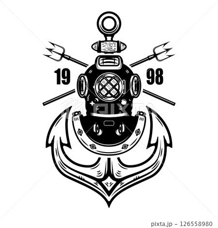 Vintage diver helmet with anchor and tridents. Nautical dive helmet with anchor. Sailor emblem. Design element Vintage diver helmet with anchor and tridents. Nautical dive helmet with anchor. Sailor emblem. Design element 126558980