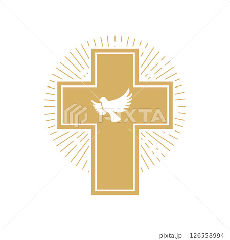 Cross with the dove. Church emblem template. Vector design element. 126558994
