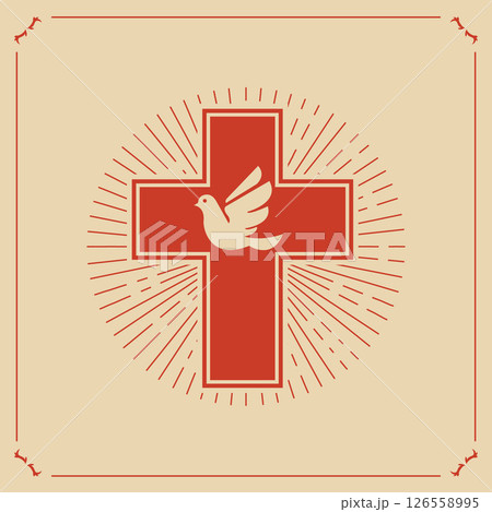 dove and a cross on a light light background. Religion. catholic design. Church emblem template. Vector illustration. 126558995