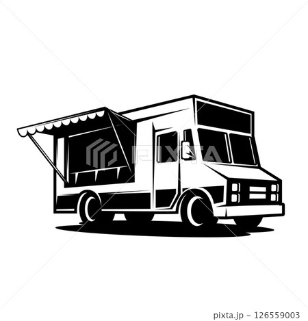 Illustration of an food truck. Design element for emblem, sign, badge. Vector illustration Illustration of an food truck. Design element for emblem, sign, badge. Vector illustration 126559003