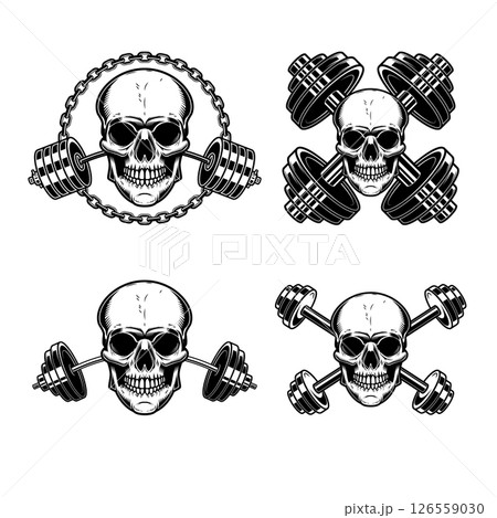 Skull with crossed gym barbells. Gym consept. Design element for logo, label, sign, poster. Skull with crossed gym barbells. Gym consept. Design element for logo, label, sign, poster. 126559030
