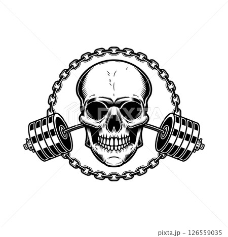 Skull with crossed gym barbells. Gym consept. Design element for logo, label, sign, poster. Skull with crossed gym barbells. Gym consept. Design element for logo, label, sign, poster. 126559035