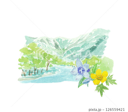 水彩絵の具で描いた上高地のイメージカット 126559421