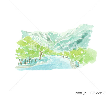 水彩絵の具で描いた上高地のイメージカット 126559422