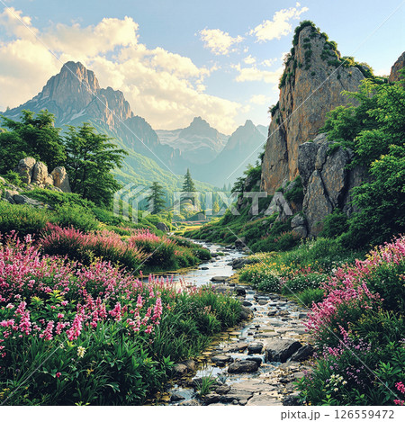 新緑の山とツツジ 126559472