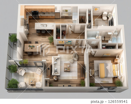 家族暮らし向け住宅の3D立体間取り図。リビング、ダイニング、キッチンの俯瞰画像 家族暮らし向け住宅の3D立体間取り図。リビング、ダイニング、キッチンの俯瞰画像 126559541