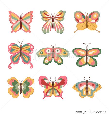 groovy butterfly set cartoon vector illustration 126559553
