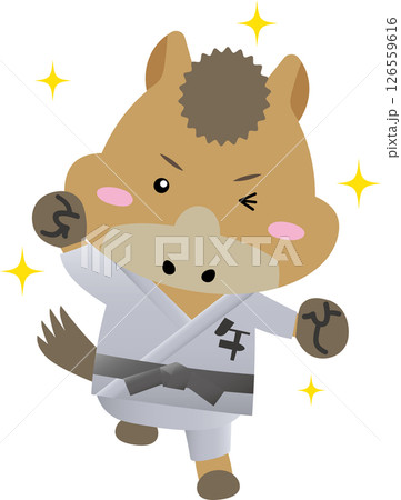 黒帯の馬キャラクター｜武道（柔道・空手・合気道）を学ぶかわいい干支素材 126559616