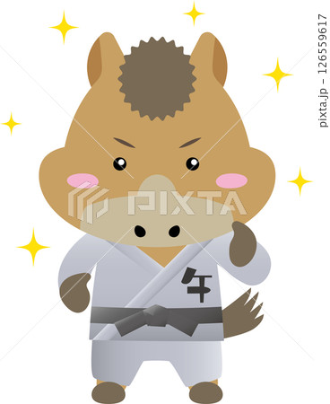 黒帯の馬キャラクター｜武道（柔道・空手・合気道）を学ぶかわいい干支素材 126559617