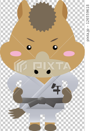 黒帯の馬キャラクター｜武道（柔道・空手・合気道）を学ぶかわいい干支素材 126559618