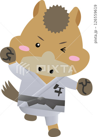 黒帯の馬キャラクター｜武道（柔道・空手・合気道）を学ぶかわいい干支素材 126559619