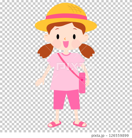 Illustration of a girl wearing summer clothes and a straw hat Illustration of a girl wearing summer clothes and a straw hat 126559899