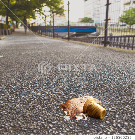 夏のアスファルトの歩道に落ちてしまった溶けているチョコレートソフトアイスクリームの写真 夏のアスファルトの歩道に落ちてしまった溶けているチョコレートソフトアイスクリームの写真 126560253