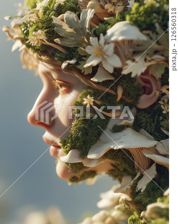 A hyper-realistic highly detailed portrait of mystical human face merging with intricate mushroom growths moss and tiny plants embellishing skin enchanting forest clearing golden sunlight gentle mist 126560318