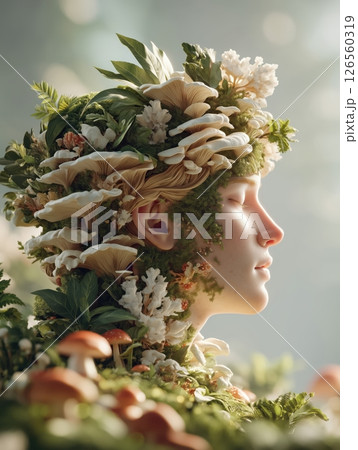 A hyper-realistic highly detailed portrait of mystical human face merging with intricate mushroom growths moss and tiny plants embellishing skin enchanting forest clearing golden sunlight gentle mist 126560319