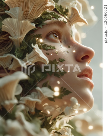 A hyper-realistic highly detailed portrait of mystical human face merging with intricate mushroom growths moss and tiny plants embellishing skin enchanting forest clearing golden sunlight gentle mist A hyper-realistic highly detailed portrait of mystical human face merging with intricate mushroom growths moss and tiny plants embellishing skin enchanting forest clearing golden sunlight gentle mist 126560321