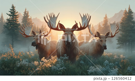 A group of majestic moose heads emerging from misty forest at sunrise soft golden rays illuminating detailed fur and intricate antlers serene captivating mood 126560412