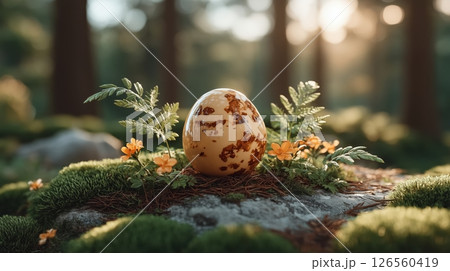 A highly detailed photorealistic close-up of polished yellow jasper stone resting on soft moss in serene forest clearing warm golden glow magical atmosphere 126560419