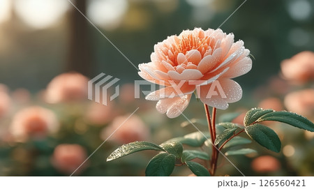 A highly detailed photorealistic close-up of vibrant pink Pomponella rose in full bloom covered in dewdrops in lush garden with soft golden sunlight serene fresh atmosphere A highly detailed photorealistic close-up of vibrant pink Pomponella rose in full bloom covered in dewdrops in lush garden with soft golden sunlight serene fresh atmosphere 126560421