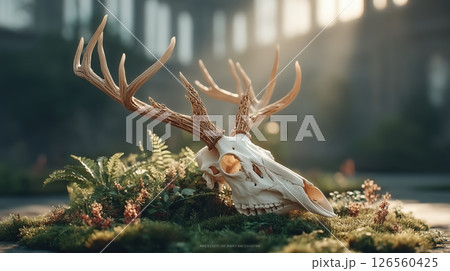 A highly detailed photorealistic deer skull with large antlers resting on moss-covered forest floor dappled sunlight filtering through misty trees serene ethereal mood 126560425