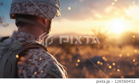 A highly detailed photorealistic depiction of a US Marine Corps desert camouflage uniform in arid desert with sand dunes rocks sparse vegetation golden sunlight and clear blue sky 126560432