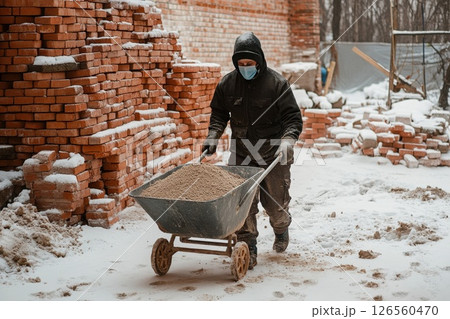 Construction worker pushing wheelbarrow with sand at construction site in winter Construction worker pushing wheelbarrow with sand at construction site in winter 126560470