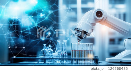 Robotic arm pouring liquid into test tubes in laboratory setting with network graphic 126560486