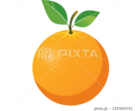 Bright orange fruit with green leaves in flat design style, smooth surface and subtle highlights, set against a clean white background, with soft shadow and simple shapes that give a cheerful modern 126560542
